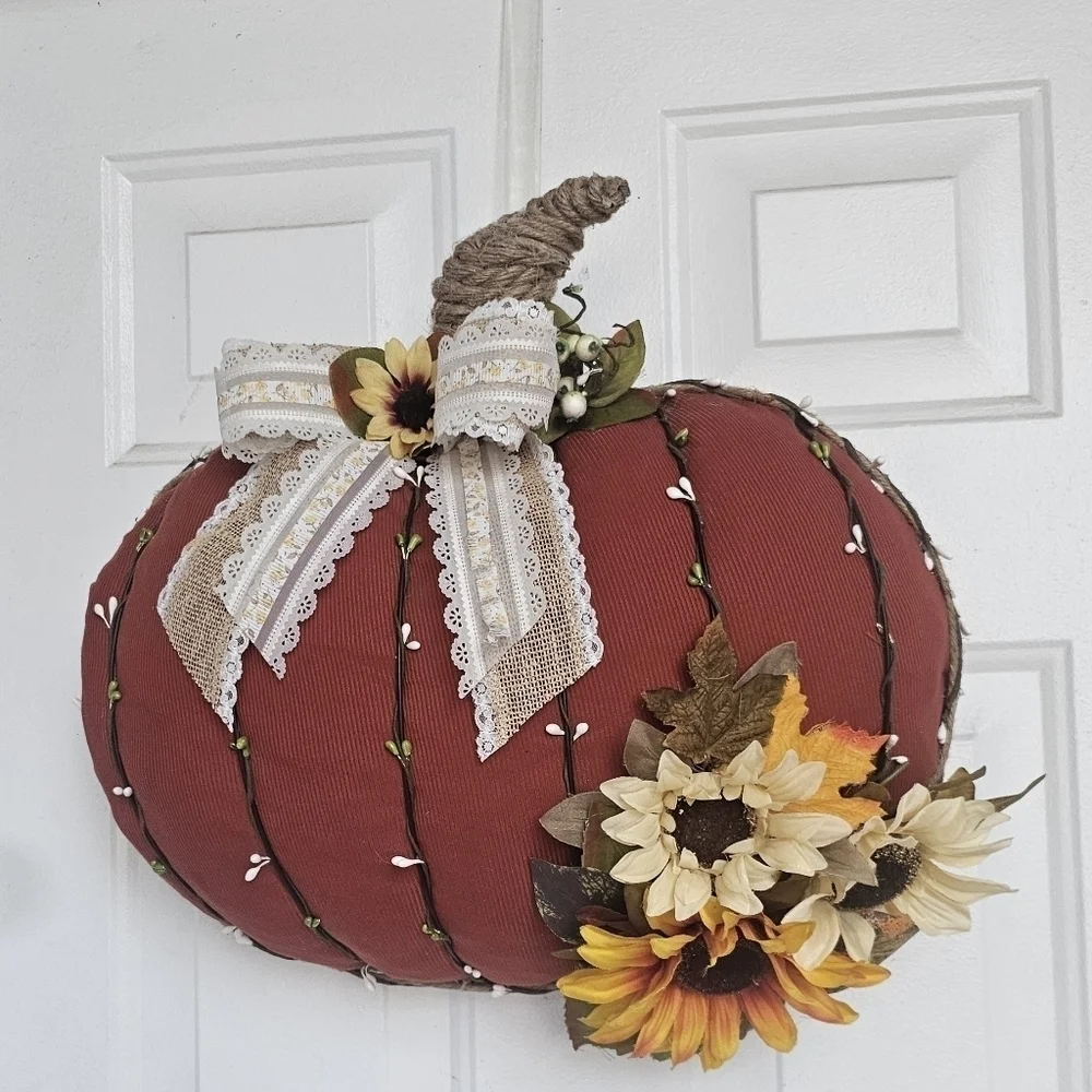 Handmade fall pumpkin wreath rusty orange with sunflowers in yellow and cream